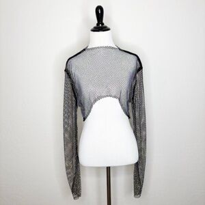 Rhinestone Fishnet Mesh Crop Top Black Long Sleeve Sheer Festival Clubwear XL